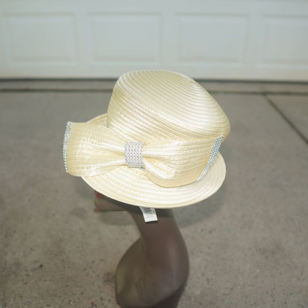 Pastel Yellow Ribbon Straw Church Hat Rhinestone Bow Derby Easter Sun Visor 16”